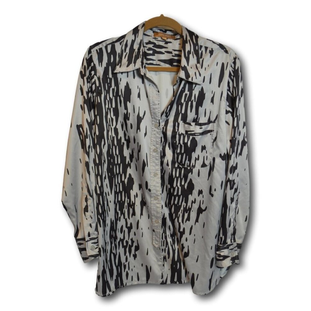 Ellen Tracy Women's Button Down Blouse Size L – Black & White Abstract Print